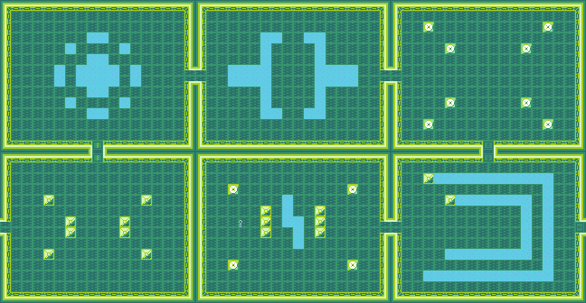 an example of six dungeon rooms connected to each other with doors, water tiles and eye tiles